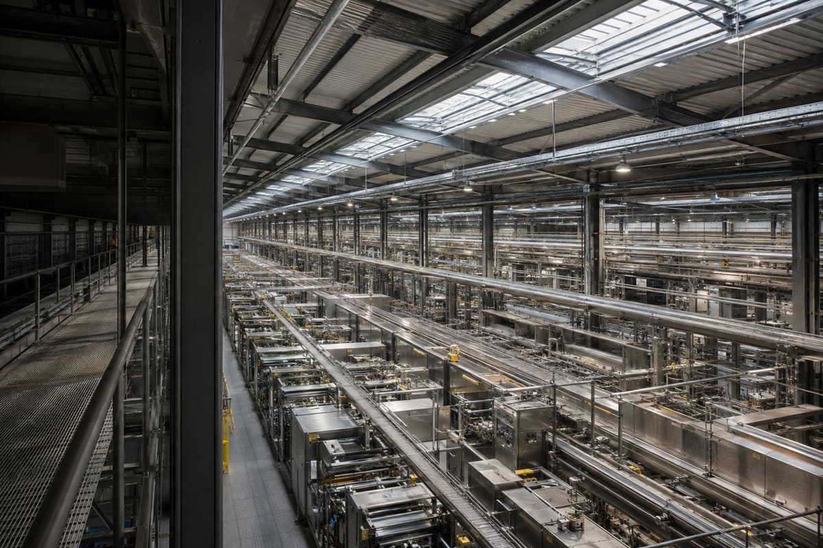 Parallel production lines and steel gantries extending through a large industrial hall.