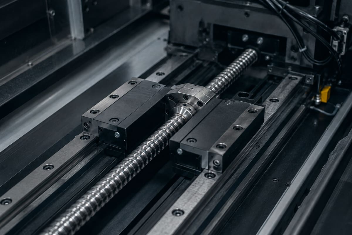 Machined steel rails and a lead screw inside a precision industrial assembly.